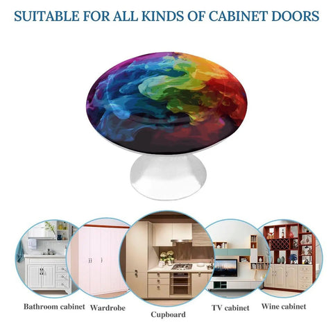 No Fuss 2 Pack Round Cabinet Knobs And Pull Handles For Kitchen Drawer Hardware 1.1 Inch Rainbow Smoke Stainless Steel knob on white background.