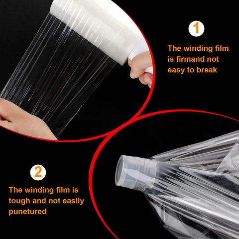 Heavy Duty Clear Stretch Wrap Film With Built In Handle, Smooth Roll Polyethylene Pallet Wrap, 4.7 X 492 Feet in use, showing strong durable film.