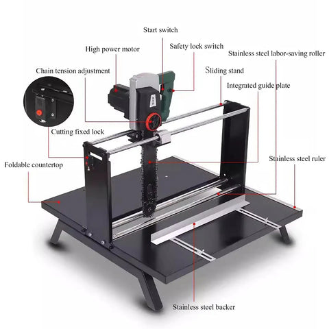 Heavy Duty Electric Brick Cutter 3000W Crushes Through Foam Aerated Blocks And Wood Without Breaking A Sweat With Infinitely Adjustable Speed. The image shows detailed features, including a high power motor and foldable counter.