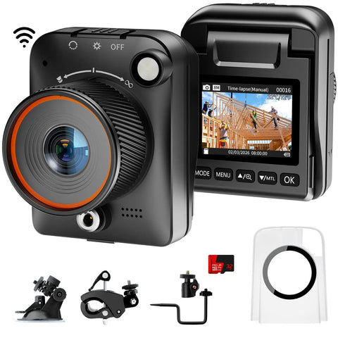 Outdoor Time Lapse Camera With WiFi 4K Timelapse Video Capture, shown with accessories including mounts and TF card, front and back view