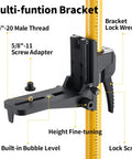 Multi-function bracket for Built Like A Tank Telescoping Laser Level Stand with height fine-tuning and built-in bubble level.