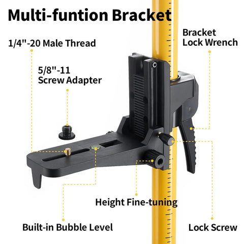Multi-function bracket for Built Like A Tank Telescoping Laser Level Stand with height fine-tuning and built-in bubble level.