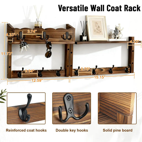 28 Inch Wall Mount Coat Rack With Shelf And Key Mail Organizer showcasing hooks and pine wood design