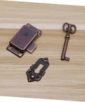 Retro Vintage Wooden Jewelry Box Latches Set 4 Alloy Draw Latch Locks with antique key and keyhole plate on wood surface
