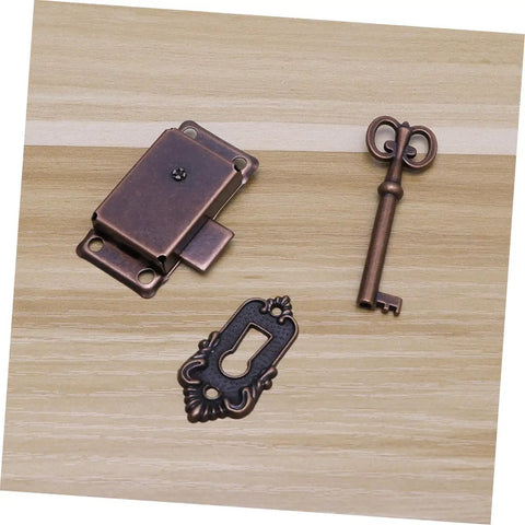 Retro Vintage Wooden Jewelry Box Latches Set 4 Alloy Draw Latch Locks with antique key and keyhole plate on wood surface