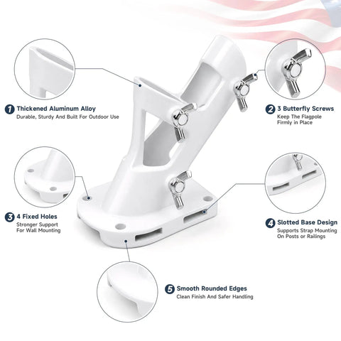 Close-up of Mighty Sturdy White Flag Pole Holder Bracket For Outside House Walls, showcasing adjustable screws and mounting features.