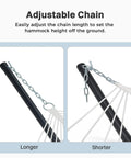 Adjustable chain on curved bar hammock with stand for two people heavy duty frame detachable pillow and portable carrying bag.