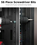 56 piece screwdriver bits used in drilling projects with drill and attached bit visible in action on a metal surface