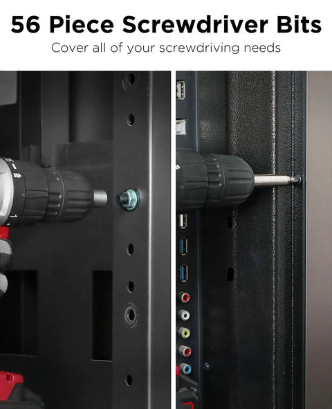 56 piece screwdriver bits used in drilling projects with drill and attached bit visible in action on a metal surface
