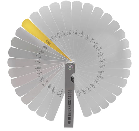 Front view of stainless steel 32‑blade feeler gauge wheel for spark plug gaps (0.04–0.88 mm)