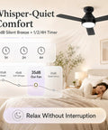 Slick Low Profile Ceiling Fan With Built In Led Light And Handy Remote Featuring Forty Two Inch Blades and sleep timer display in bedroom.