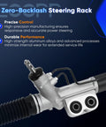Close-up of hydraulic power steering rack and pinion assembly with text highlighting precise control and durable performance.