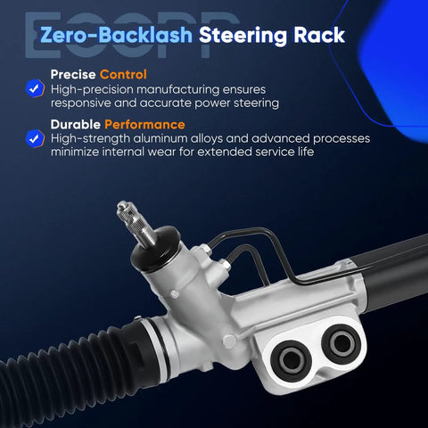 Close-up of hydraulic power steering rack and pinion assembly with text highlighting precise control and durable performance.