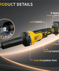 Heavy Duty Cordless Die Grinder Boasting A Beast Mode 26000 Rpm Brushless Motor Alongside One Quarter Inch Collet Plus Four Variable Speeds To Knock Out Metal Wood Plastic Grinding Polishing And Deburring On Site Tool Only showing features including chuck, control switch, and heat dissipation vent.