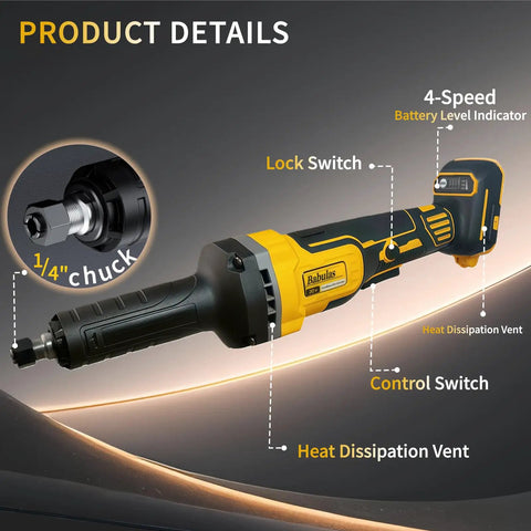 Heavy Duty Cordless Die Grinder Boasting A Beast Mode 26000 Rpm Brushless Motor Alongside One Quarter Inch Collet Plus Four Variable Speeds To Knock Out Metal Wood Plastic Grinding Polishing And Deburring On Site Tool Only showing features including chuck, control switch, and heat dissipation vent.