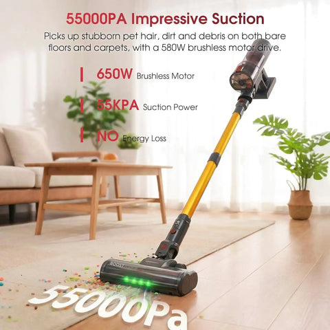 Total Game Changer Cordless Stick Vacuum Cleaner Delivering Raw 55Kpa Suction And Smart Anti Tangling Brushes To Quickly Sweep Pet Hair Off Carpets And Hardwood Floors With Zero Headache Ever, showcasing 55000Pa suction on hardwood floor.