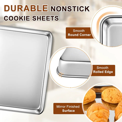 Heavy Duty Baking Sheet Set Of 3 For Home Bakers Commercial Grade Stainless Steel Cookie Sheets with smooth edges and mirror finish