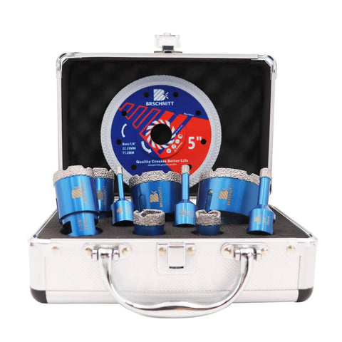 Vacuum Brazed Diamond Hole Saw and Drill Bit Set for Porcelain Tile Ceramic Marble and Granite Drilling With 1/4, 5/16, 3/8, 4/5, 1, 1-3/8, 1-1/2, 2, 2-1/2 Inch Bits and 5/8-11 Thread for Wet or Dry Cutting displayed in carrying case.