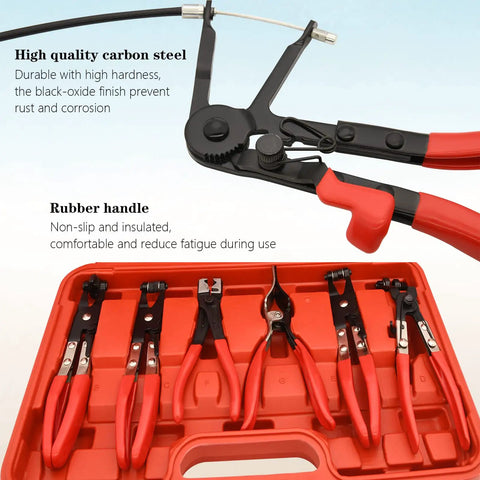 9 Piece Hose Clamp Pliers Set With Long Reach For Auto Hoses Fuel Oil Water Radiator And Coolant Lines, Pro Grade Tool displayed in red case