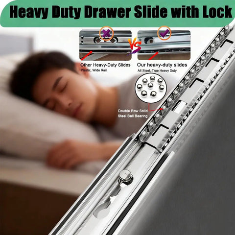 Comparison of heavy duty bottom mount drawer slides with 500 lb capacity full extension built of cold rolled steel and solid bearings