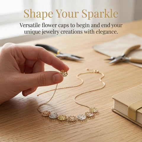 Hand holding Natural Metal Bead Caps And Flower Spacer Pendants For DIY Jewelry Making 0.27 Inch End Caps on chain