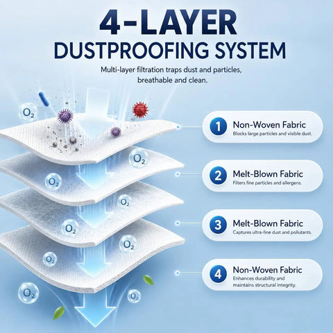 Four-layer dustproofing system diagram with non-woven and melt-blown fabric layers blocking dust and allergens in reusable vacuum bags.