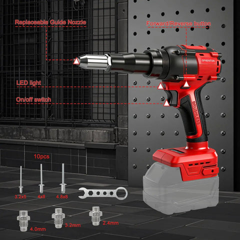 Gpaentsn Cordless Rivet Gun Compatible With Milwaukee M18 Tool Only 1/8 To 3/16 Inches Rivets shown with nozzle and accessories.
