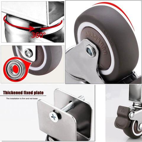 No Hassle 2 Inch TPE Rubber Caster Wheels With Quiet Swivel Casters And Secure Safety Brakes Rock Solid U Bracket close-up images.