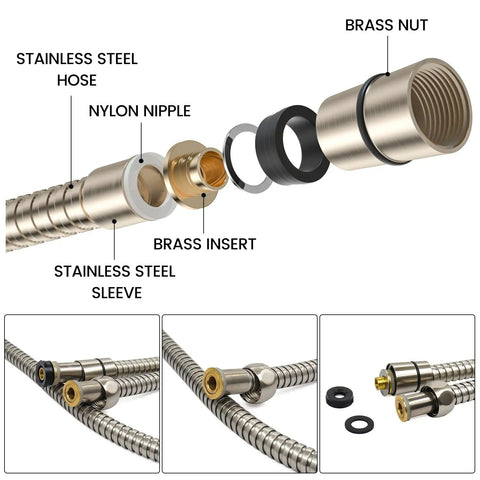 Components of Shower Head With Handheld Sprayer, exploded view of 59-inch stainless steel hose with brass nut and insert.