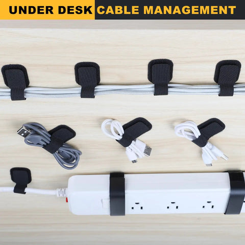 Heavy Duty Self Adhesive Cable Straps With Strong Sticky Backing Reusable Hook And Loop Ties For Under Desk Cable Management Keeps Home Office PC Wires Neat No Mess And Scratch Free Black 56 Pack organizing cables
