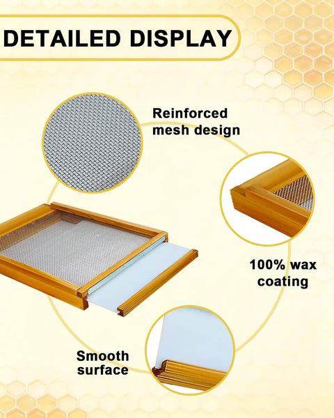 Detailed view of Screened Beehive Bottom Board For 10 Frame Langstroth Hives with beeswax coated wood and mesh, size 22 x 16 x 2.6 inch.