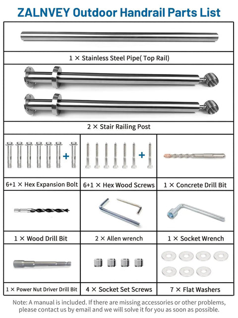 Premium 3 Step Stair Handrail For Indoor And Outdoor Spaces Built With Hella Durable 304 Stainless Steel parts list including tools and hardware.