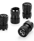 4 Pack Metal Tire Valve Stem Caps For Infiniti Q50 Q60 QX60 QX70 FX35 FX37 EX35, zinc alloy, sleek black finish, shown close-up