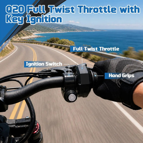 Q20 Full Twist Throttle Replacement For Ridstar Q20 Electric Dirt Bike And Sur Ron E Bike in use on winding road