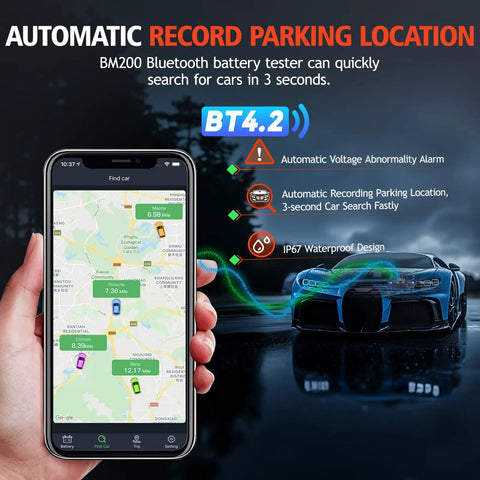 12V Car Battery Tester With Bluetooth For Lead Acid And Lithium Batteries BM200 US Battery Monitor Voltage Cranking And Charging System Tests Real Time Trip Records And Abnormal Alarm Easy Setup, phone app find car screen