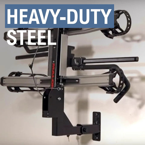 Battle Proven 2 Inch Hitch Receiver Wall Mount Bike Rack Holder And Cargo Carrier Storage Saver For Garage Organization Rock Solid Floor Space Organizer With Anti Kickback Grip made of heavy-duty steel.