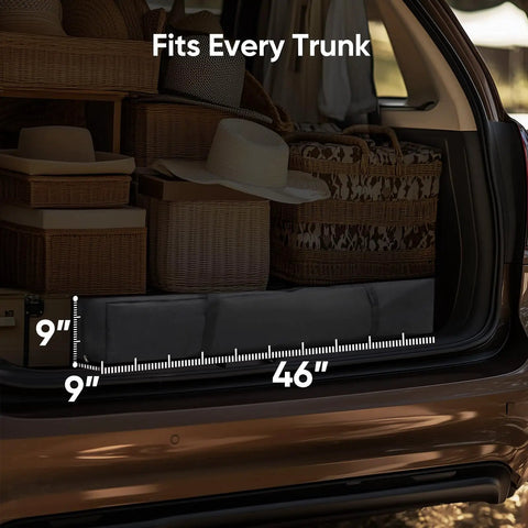 Trunk storage solution showing wicker baskets, hats, and measuring tape indicating 46 inches width, 9 inches height and depth.