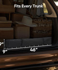 Car trunk filled with woven boxes and hats, showing dimensions fitting a 10x10 Pop Up Canopy Tent Without Sidewalls.