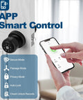4 In 1 Smart Door Knob With Keypad, Fingerprint, Password And App Lock; user holding phone for app control display.