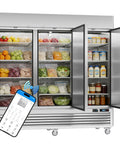 Rock Solid 72 Cubic Foot Commercial Reach In Fridge With Plug And Play Smart Wifi App Control featuring open doors, LED shelving, and food storage.