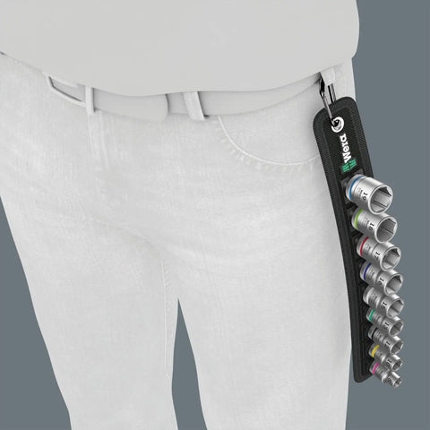 Zyklop 9-Piece Socket Set On Belt, Three Eighths Inch Drive, Belt B Kit With Color Coding hanging from a person's waist