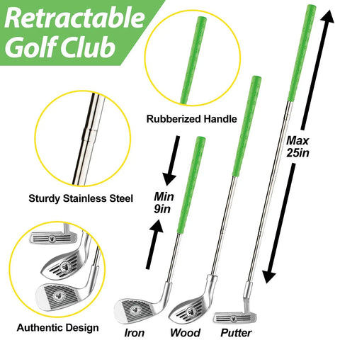 Retractable golf clubs with rubberized handles; part of Toddler Golf Set With Retractable Clubs And Putting Mat Kid Friendly Indoor Kit.
