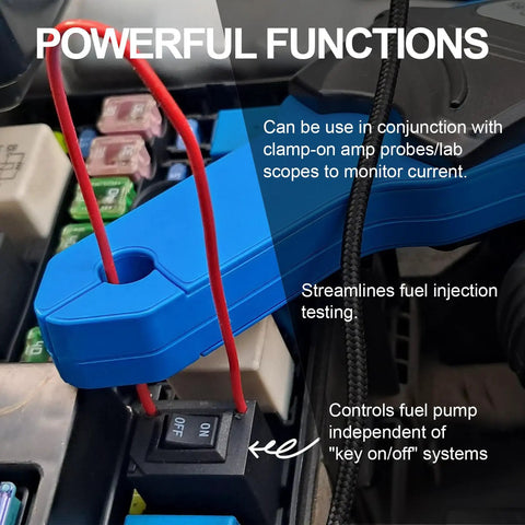 Plug And Play Fuel Pump Relay Bypass Kit With Six Relay Tester Modules in use, showcasing diagnostic functions