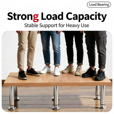 Four people standing on a wood table supported by Adjustable Metal Furniture Legs 4 Pack 4.7 To 7.08 Inches Electroplated Silver Replacement Feet