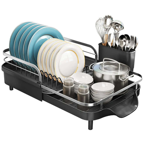 Expandable Dish Drying Rack For Kitchen Counter With Drainboard And Utensil Holder, Space Saving Stainless Steel Drainer holding dishes