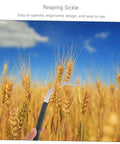 5 Piece Non Slip Grip Multi Function Mowing Sickle Set Rustproof Black Handheld Garden Tools For Weeding Harvesting And Agriculture Durable And Easy To Use shown in wheat field