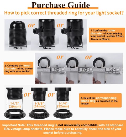 Black E26 Lamp Shade Collar Rings Set Threaded Reducer 1-3/8 Inches And 1-1/2 Inches Hanging Lamp Holder Parts Guide