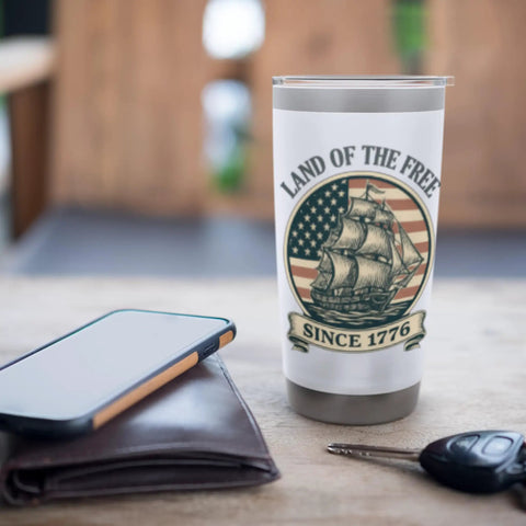 Patriotic 4th Of July Sailboat Stainless Steel Insulated Tumbler featuring USA flag design with 'Land of the Free Since 1776' text