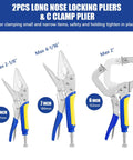 Heavy-Duty Locking Pliers Set With Curved Jaw Vise Grips And Needle Nose Pliers, Includes 5, 7, And 10 Inch Curved Jaws Plus 6-1/2 And 9-1/2 Inch Needle Nose, And A 6 Inch C Clamp For Woodworking, Metalworking And Welding, Tough Carbon Steel displayed with measurements.