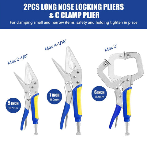 Heavy-Duty Locking Pliers Set With Curved Jaw Vise Grips And Needle Nose Pliers, Includes 5, 7, And 10 Inch Curved Jaws Plus 6-1/2 And 9-1/2 Inch Needle Nose, And A 6 Inch C Clamp For Woodworking, Metalworking And Welding, Tough Carbon Steel displayed with measurements.